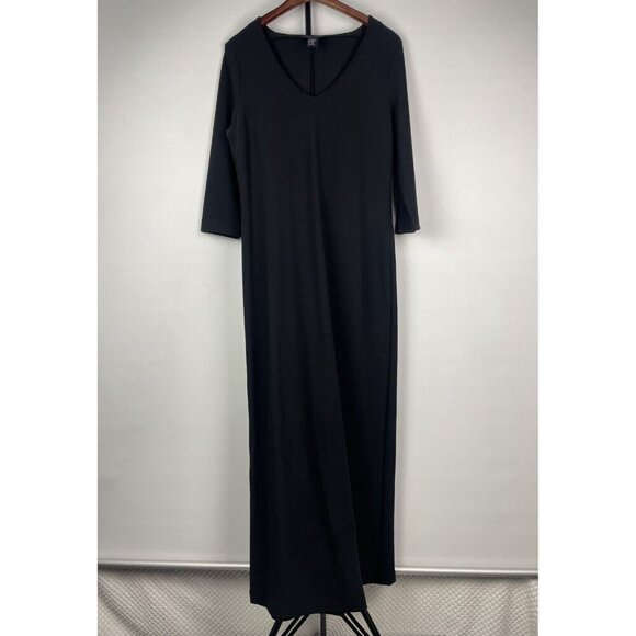 Boston Proper Black Slinky Goth V-Neck 3/4 Sleeve Back Slit Midi Dress Size M